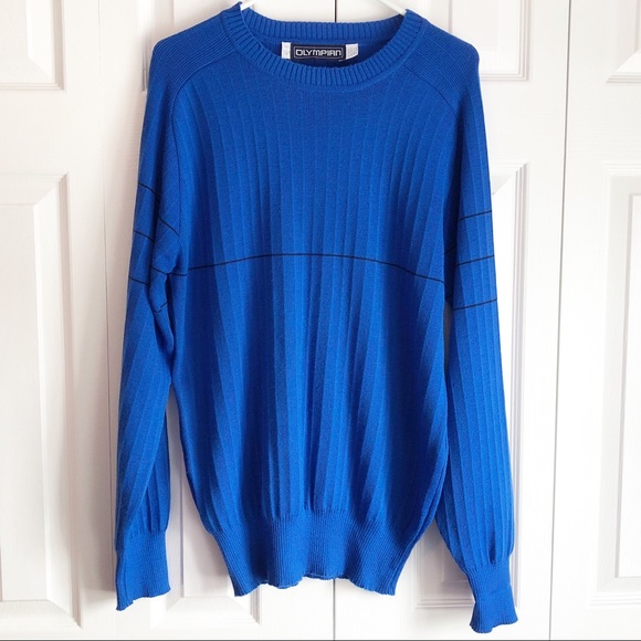 Vintage 80s Olympian Blue 100% Wool Sweater Large - Picture 1 of 12